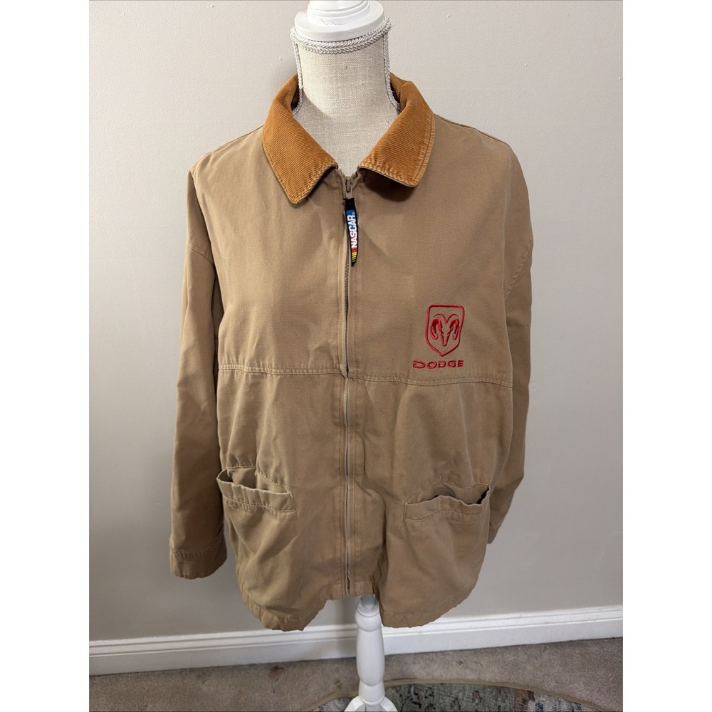 Vintage Checkered Flag Sports Dodge Nascar Chore Coat With Corduroy Collar Large